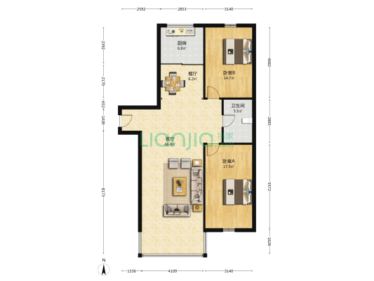 宇成嘉苑 2室2厅1卫 128平方