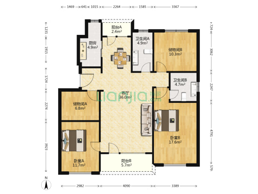 大连金石天成 2室1厅2卫 125平方