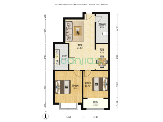 勒泰家园 2室2厅1卫 91平方