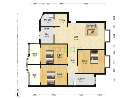 江景花园商业街 3室1厅2卫 124平方