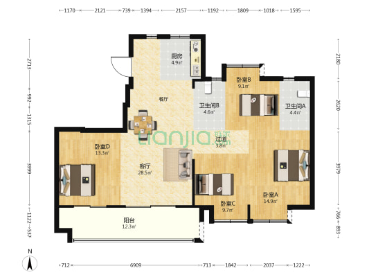 榕发悦乐郡二区 4室1厅2卫 130平方