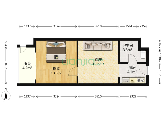 绿地商务城 1室1厅1卫 64平方