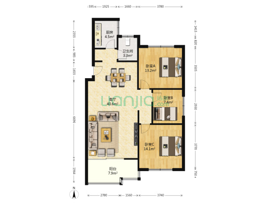 中天花园峰景时代 3室1厅1卫 105平方