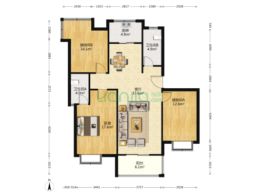 青剑湖花园C区 1室1厅2卫 133平方