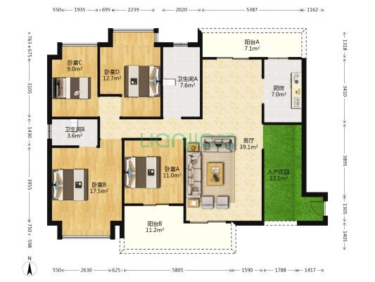 尚景天峰 4室1厅2卫 153平方
