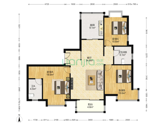 世纪城咏江苑 3室1厅2卫 136平方