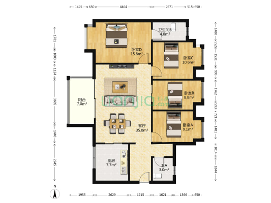 万科金域蓝湾三期 4室1厅2卫 125平方
