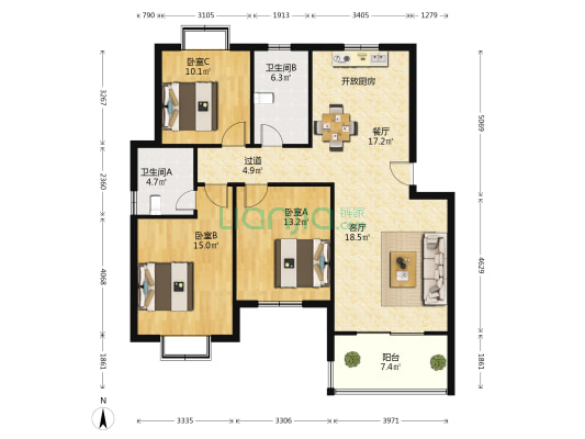 嘉城景帆苑南区 3室2厅2卫 113平方