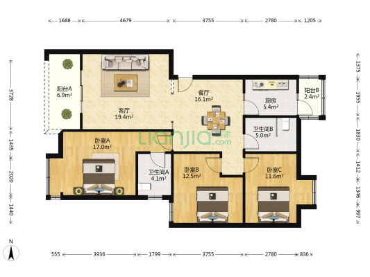 阳光明珠 3室2厅2卫 117平方