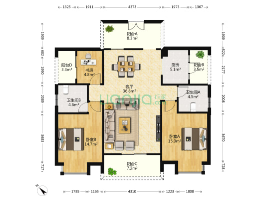 天来国际文化广场 3室1厅2卫 130平方