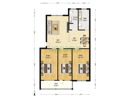 通达小区 3室2厅1卫 126平方