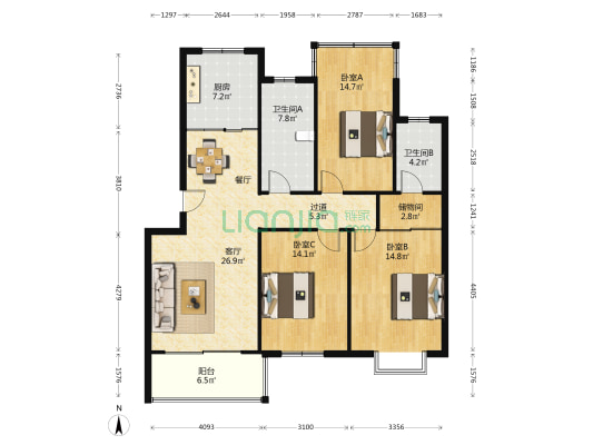 枫情家园 3室1厅2卫 127平方