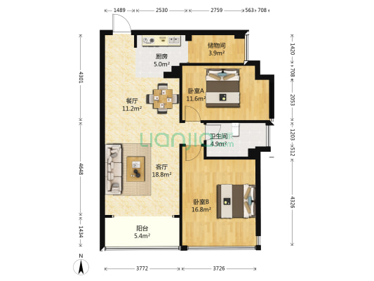 创佳金色城邦一期 2室2厅1卫 94平方