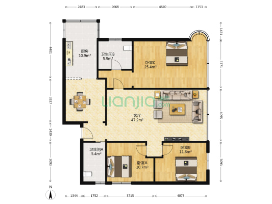 渝高花园 3室1厅2卫 143平方