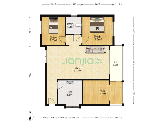 华宇世纪花园 3室1厅1卫 105平方