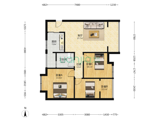 新和香城学府 3室1厅1卫 87平方