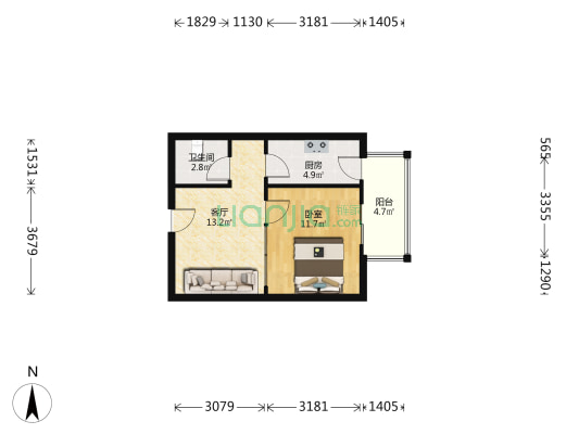 冠云路旁，一居室带阳台，全新装修，满五唯一-户型图