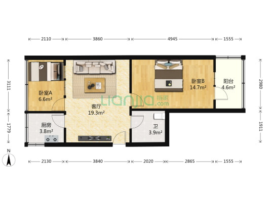 三角线交警分队家属院 2室1厅1卫 65平方