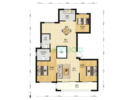 新都会 3室2厅2卫 128平方