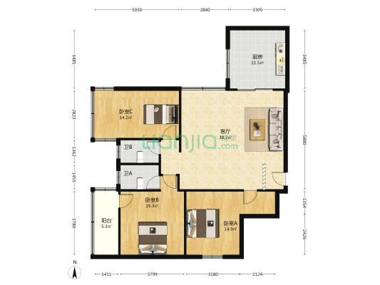人事厅宿舍 3室1厅2卫 126平方