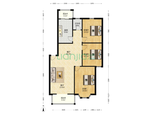 紫荆城 3室2厅1卫 118平方