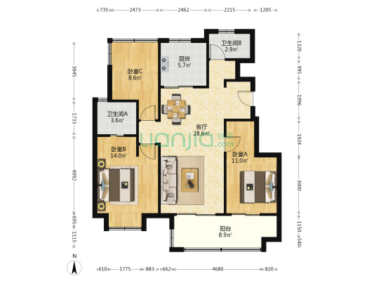 兴港和昌云庭 3室1厅2卫 106平方