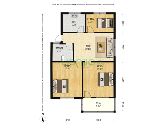 丹青路7号4户 3室1厅1卫 86平方