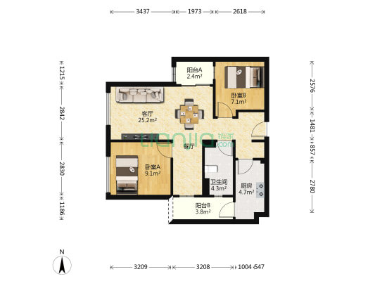 花样年龙吾 2室1厅1卫 80平方
