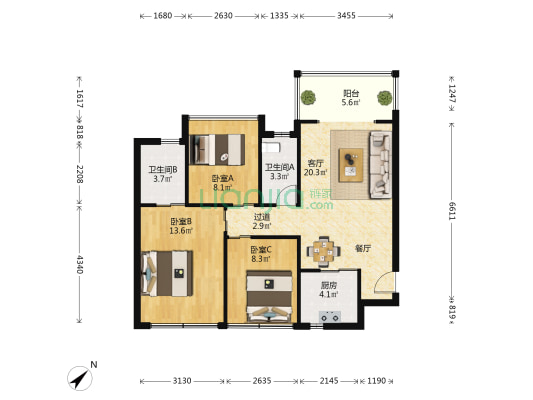 丰硕园 3室1厅2卫 85平方