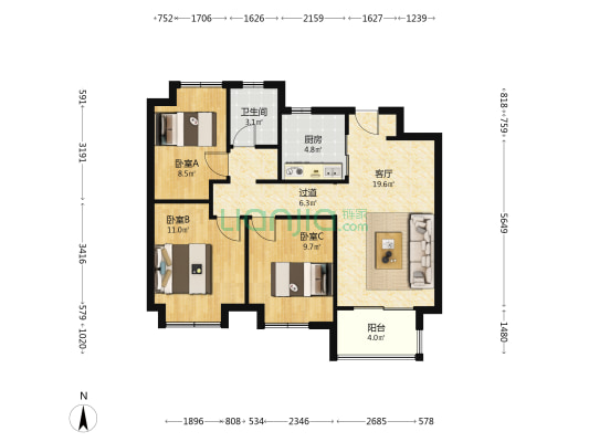 万科都荟天地G区 3室1厅1卫 91平方