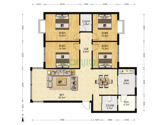 兴屯小区 4室2厅2卫 140平方