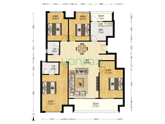 两岸风华 4室1厅2卫 139平方