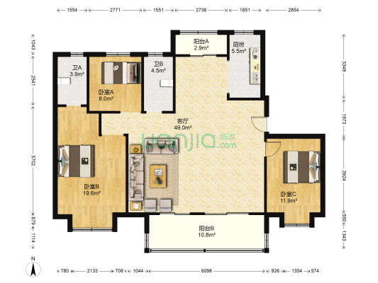 信达溪岸观邸 3室1厅2卫 151平方