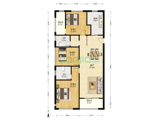 佳源都市 3室1厅2卫 114平方