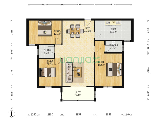 仁和家园东区 3室2厅2卫 120平方