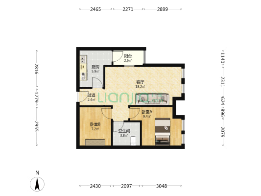 鸿府公馆 2室1厅1卫 76平方