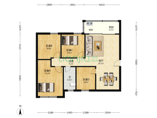 宇轩山庄 4室1厅1卫 90平方