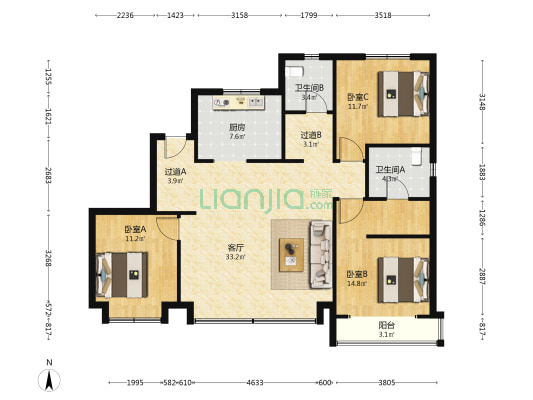 格调瑰丽花园 3室1厅2卫 146平方