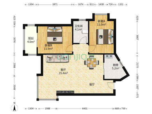 民发世界城学院派 2室1厅1卫 90平方