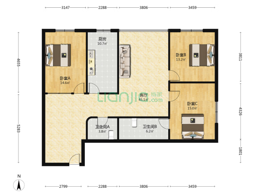 两路口新村 3室1厅2卫 136平方