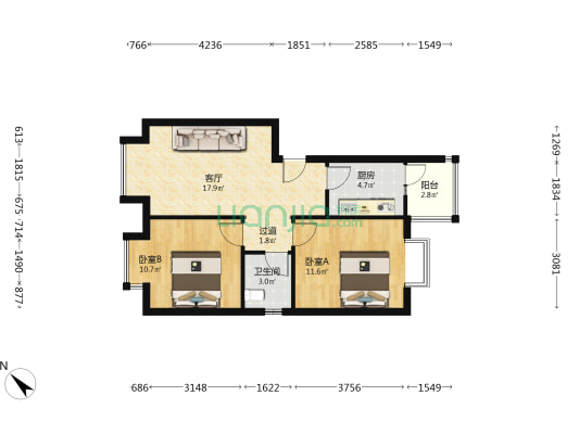 繁江锦城 2室1厅1卫 66平方
