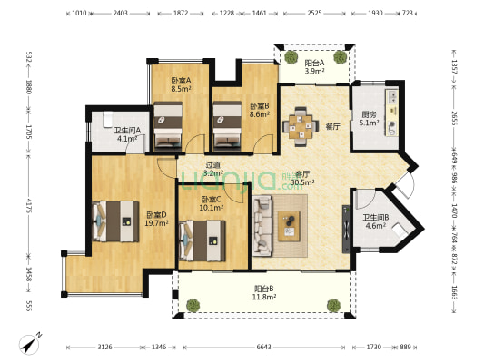 万达华府B区 4室1厅2卫 134平方