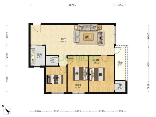 新城8号区 3室1厅2卫 96平方