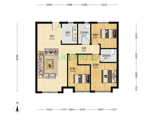 雪松·香柏国际 3室1厅2卫 124平方