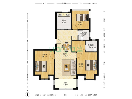 三金鑫宁府 3室1厅2卫 107平方