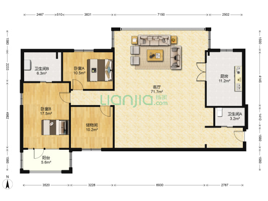 世纪丰盛大厦 2室1厅2卫 167平方