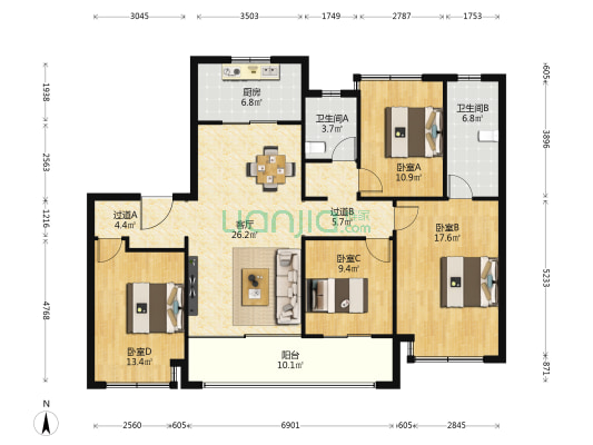 翡翠天域臻园 4室1厅2卫 138平方