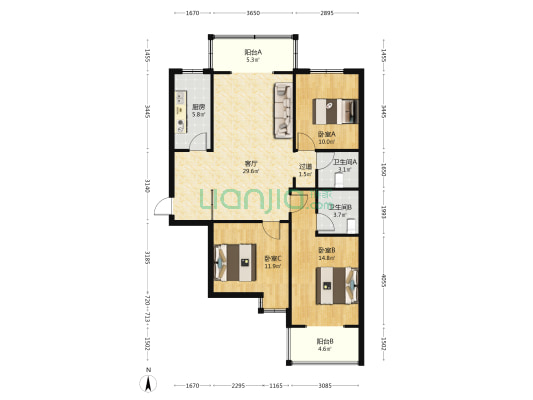 长城公寓 3室1厅2卫 119平方