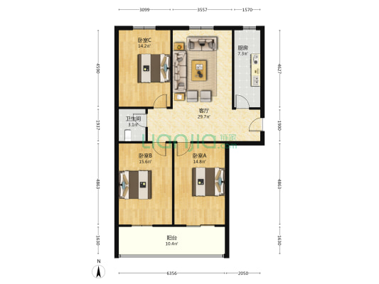 金虹花园 3室1厅1卫 126平方