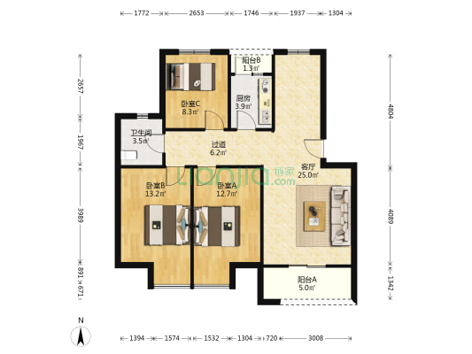 天台家园小区 3室1厅1卫 91平方
